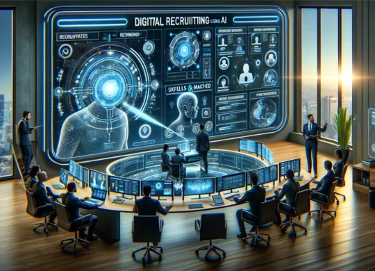 DALL·E 2024-02-21 16.27.21 - Create an image representing the concept of digital recruiting using AI, in a 16_9 aspect ratio. Visualize a modern office setting where the recruitme