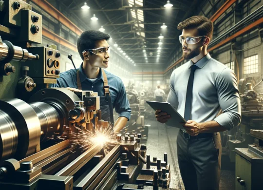 DALL·E 2024-03-05 16.50.28 - Visualize in a 16_9 format an operator at a lathe machine talking with a business consultant. The scene unfolds in a well-lit industrial workshop. On