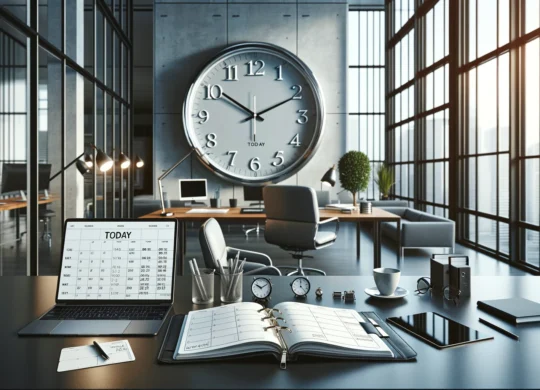 DALL·E 2024-03-18 11.56.49 - An elegant, modern office scene focused on the concept of corporate time management. The setting includes a large, clear wall clock displaying 9_00 AM
